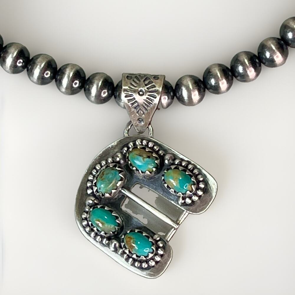 Kingman Turquoise Sterling Silver Mini Belt Buckle Pendant 925 Pearl Necklace